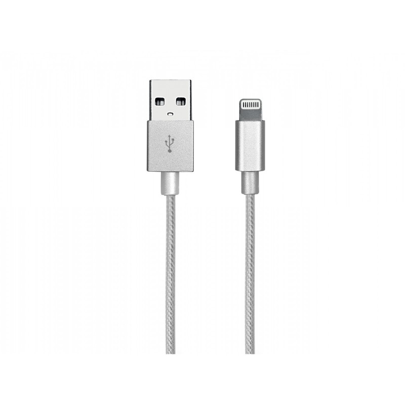 SBS USB LIGTHNING CABLE MFI WITH METAL CONNECTOR AND BRAIDED CABLE, 1M LENGTH, SILVER COLOR